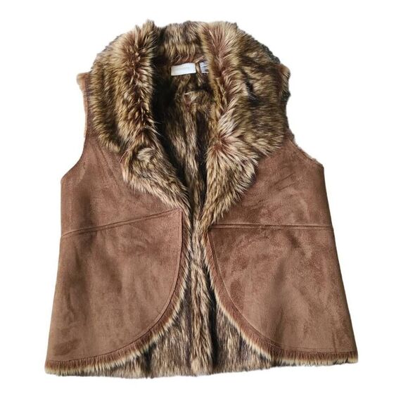 Chico's Open Front Vest Womens Large Brown Sleeveless Collared Faux Fur Thermal - Picture 1 of 7